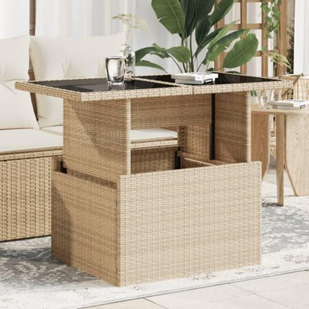 Havebord med glastop i polyrattan - 100 × 55 × 44/73 cm, beige