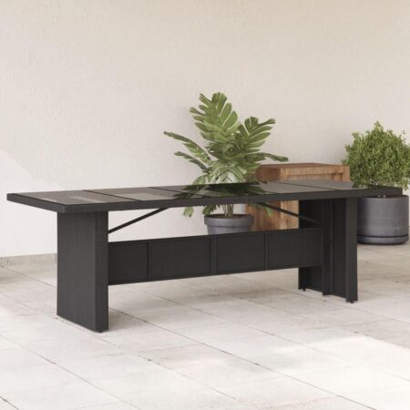 Havebord med glastop i polyrattan 240 × 90 × 75 cm - sort