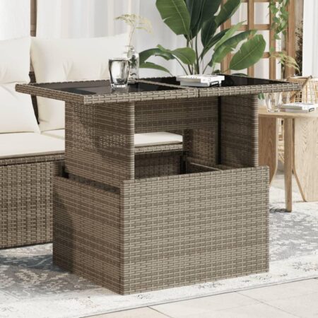 Havebord med glastop i polyrattan - grå 100 × 55 × 44/73 cm