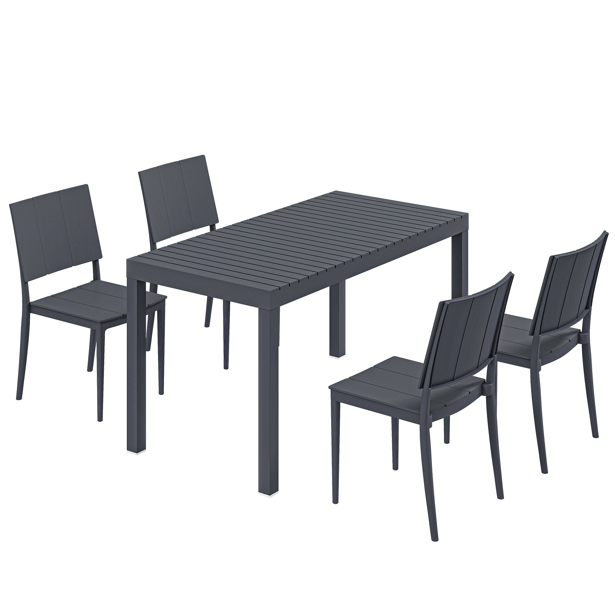 Havemøbelsæt, 5-delt siddegruppe, bredt bord med 4 stabelbare stole, lameldesign til 4 personer, mørkegrå Havemøbelsæt, 5-delt siddegruppe, bredt bord med 4 stabelbare stole, lameldesign til 4 personer, mørkegrå