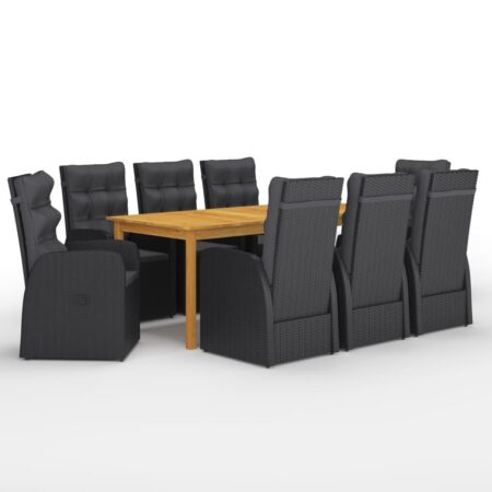 Havemøbelsæt med bord i akacietræ og 8 recliner-stole - sort, 9 dele