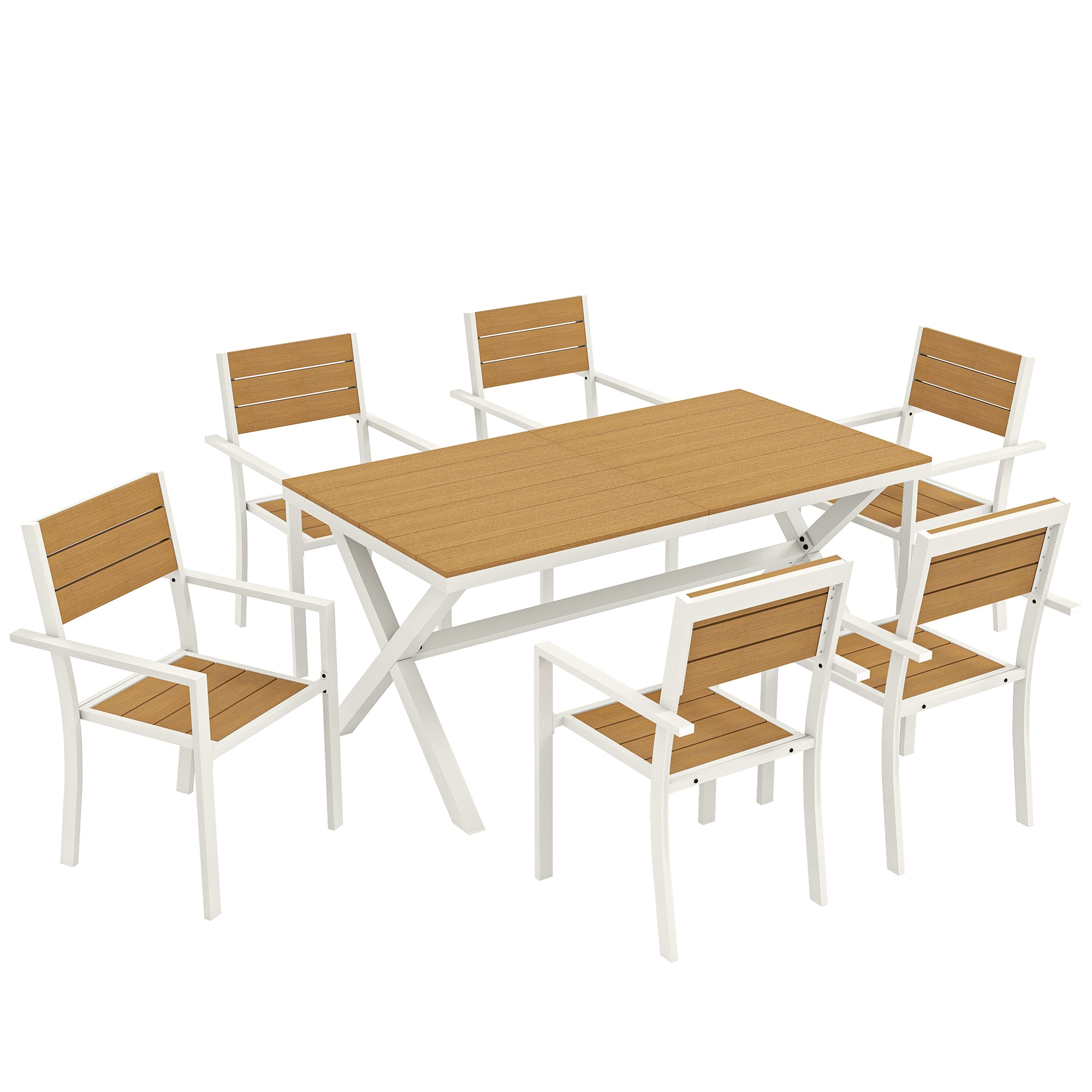 Havemøbelsæt, siddegruppe, 7 dele, bord med 6 stabelbare stole, trælook, aluminiumsstel, teak Havemøbelsæt, siddegruppe, 7 dele, bord med 6 stabelbare stole, trælook, aluminiumsstel, teak