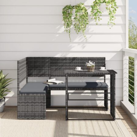 Havesofa med bord og hynder - L-formet polyrattan, grå