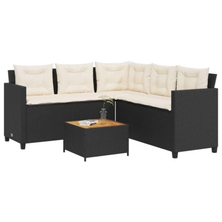 Havesofa med bord og hynder - L-formet polyrattan, sort