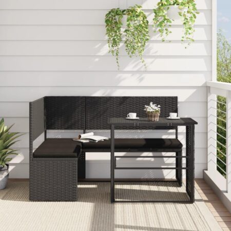 Havesofa med bord og hynder - L-formet polyrattan, sort