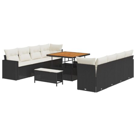 Havesofa sæt 11 dele i sort polyrattan med bord og skamler
