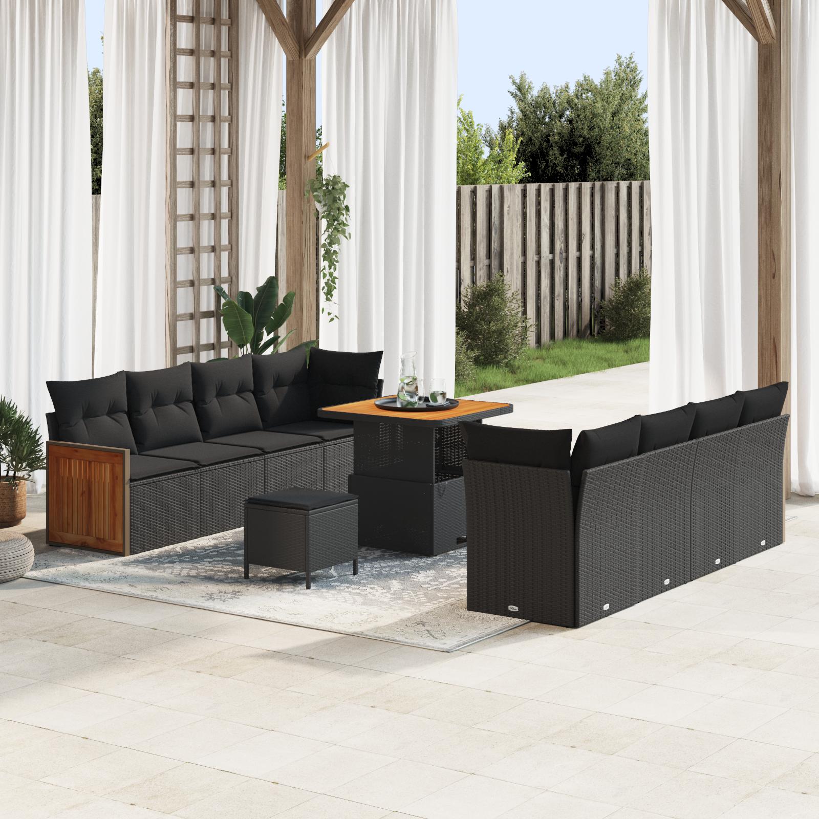 Havesofa sæt - 11 dele i sort polyrattan med pulverlakeret stål og højdejusterbart bord Havesofa sæt - 11 dele i sort polyrattan med pulverlakeret stål og højdejusterbart bord
