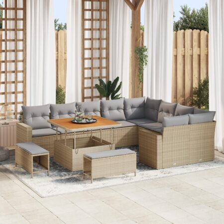 Havesofa sæt 12 dele i beige polyrattan - modulær lounge med justerbart bord