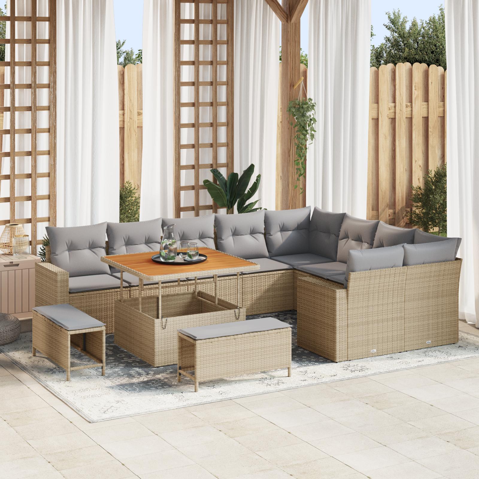 Havesofa sæt 12 dele i beige polyrattan - modulær lounge med justerbart bord Havesofa sæt 12 dele i beige polyrattan - modulær lounge med justerbart bord