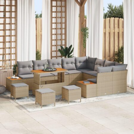 Havesofa sæt 13 dele i beige polyrattan med bord og puder