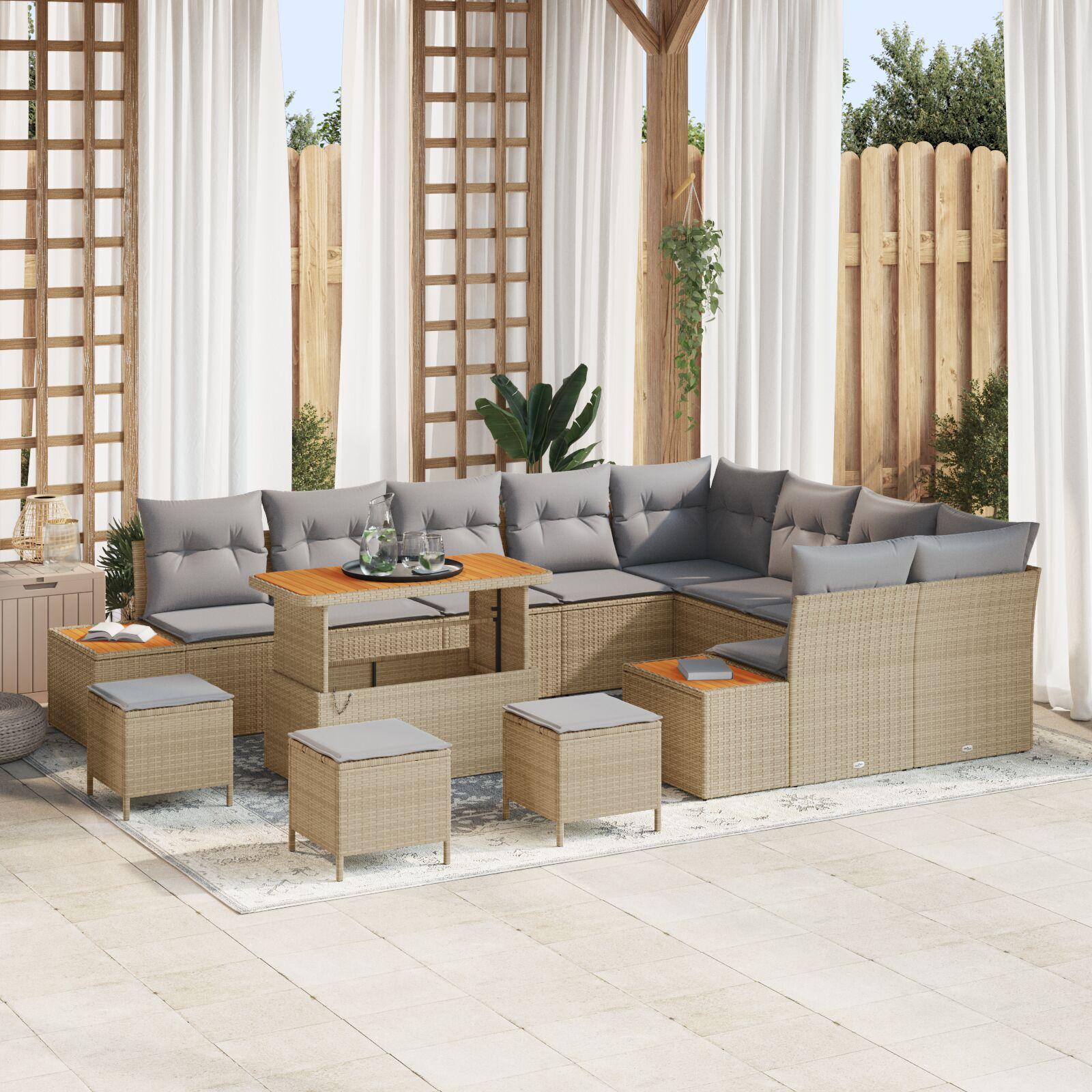 Havesofa sæt 13 dele i beige polyrattan med bord og puder Havesofa sæt 13 dele i beige polyrattan med bord og puder