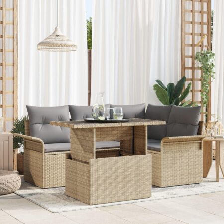 Havesofa sæt 5 stk med puder og hæve-sænke bord i beige poly rattan