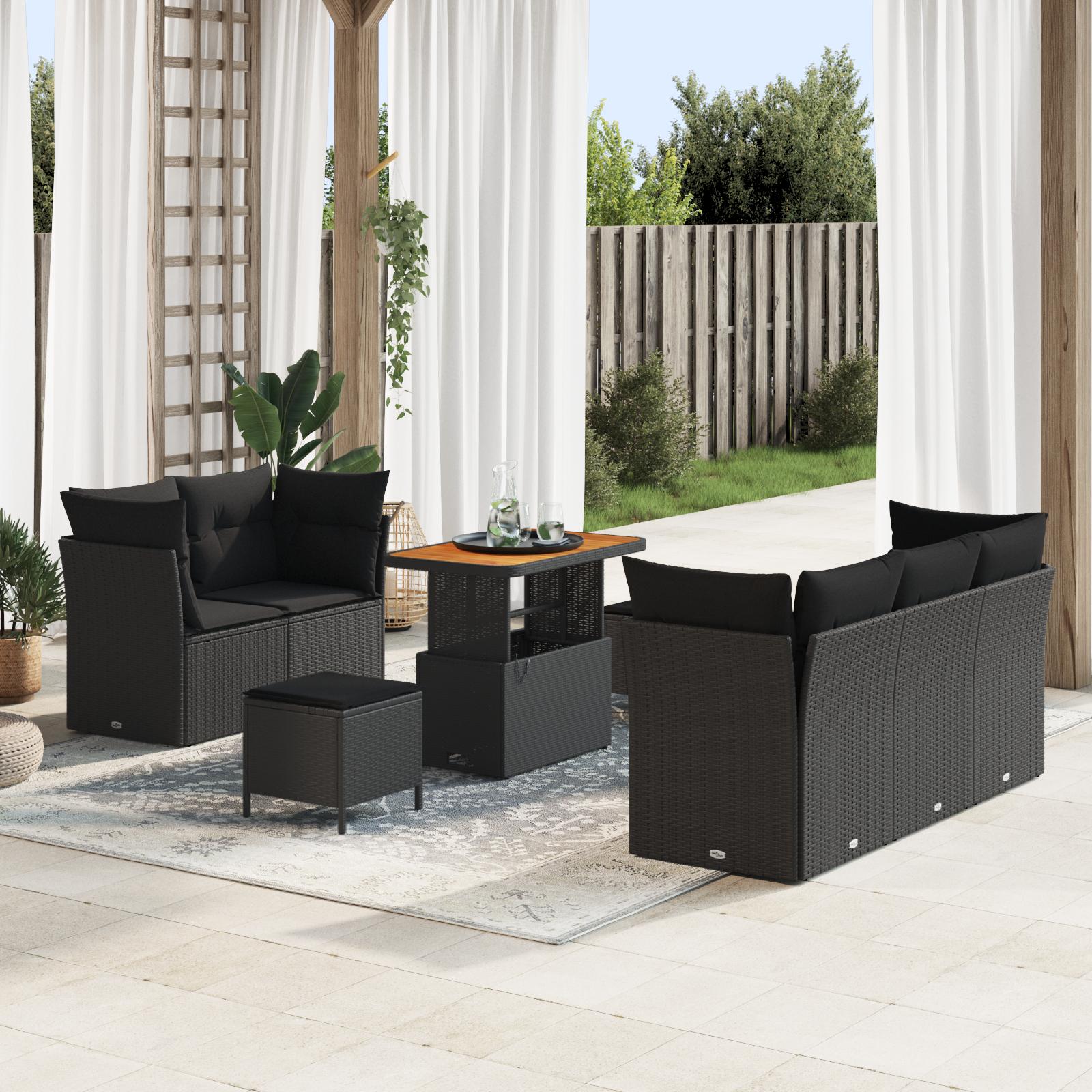 Havesofa sæt - 8 dele i sort polyrattan med pulverlakeret stål og højdejusterbart bord Havesofa sæt - 8 dele i sort polyrattan med pulverlakeret stål og højdejusterbart bord