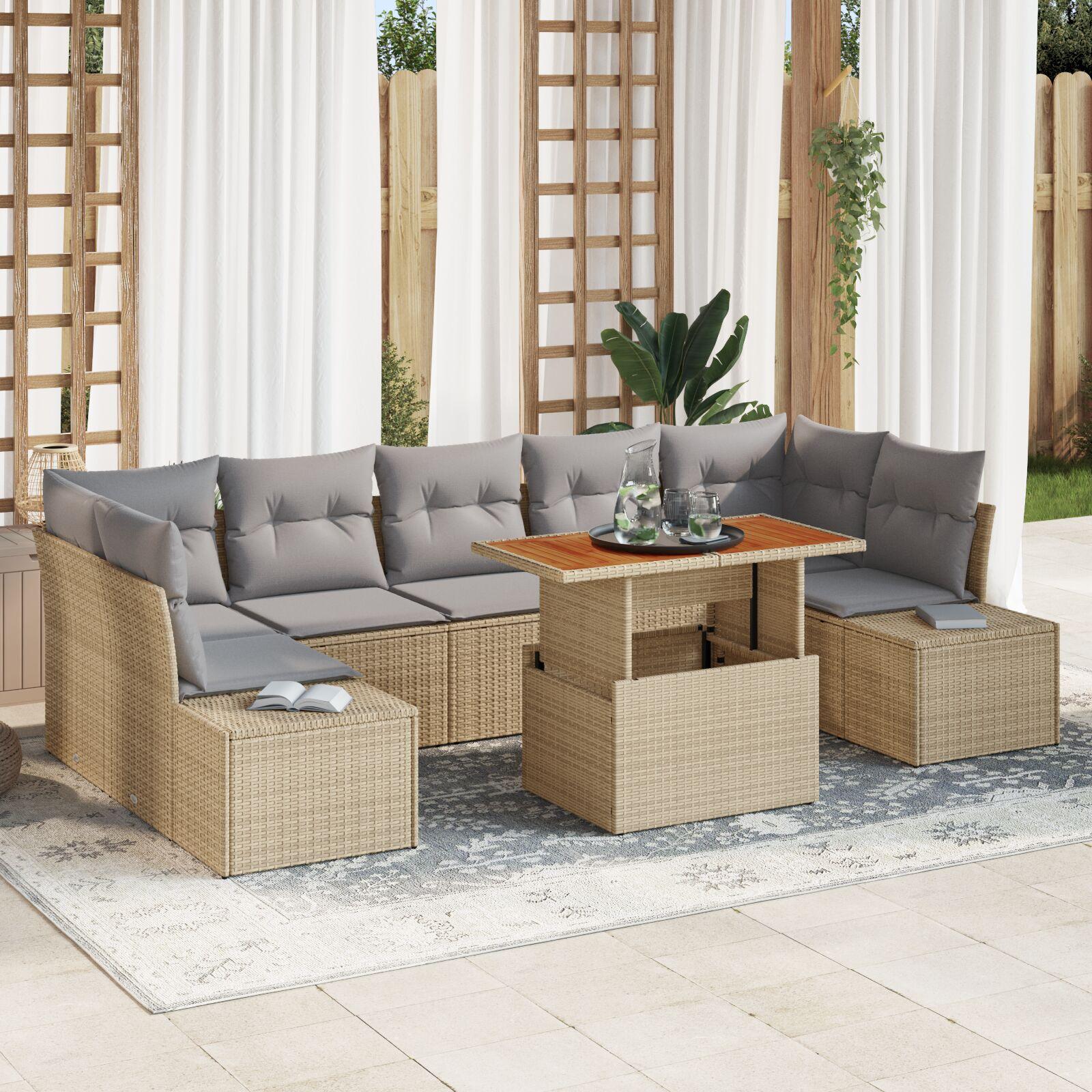 Havesofa sæt 8 stk. i polyrattan med bord og opbevaring - beige og grå Havesofa sæt 8 stk. i polyrattan med bord og opbevaring - beige og grå