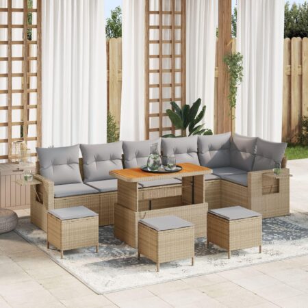 Havesofa sæt 9 dele i beige polyrattan med bord og skamler