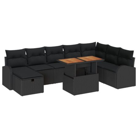Havesofa sæt 9 dele i sort polyrattan - modulær loungesofa med bord