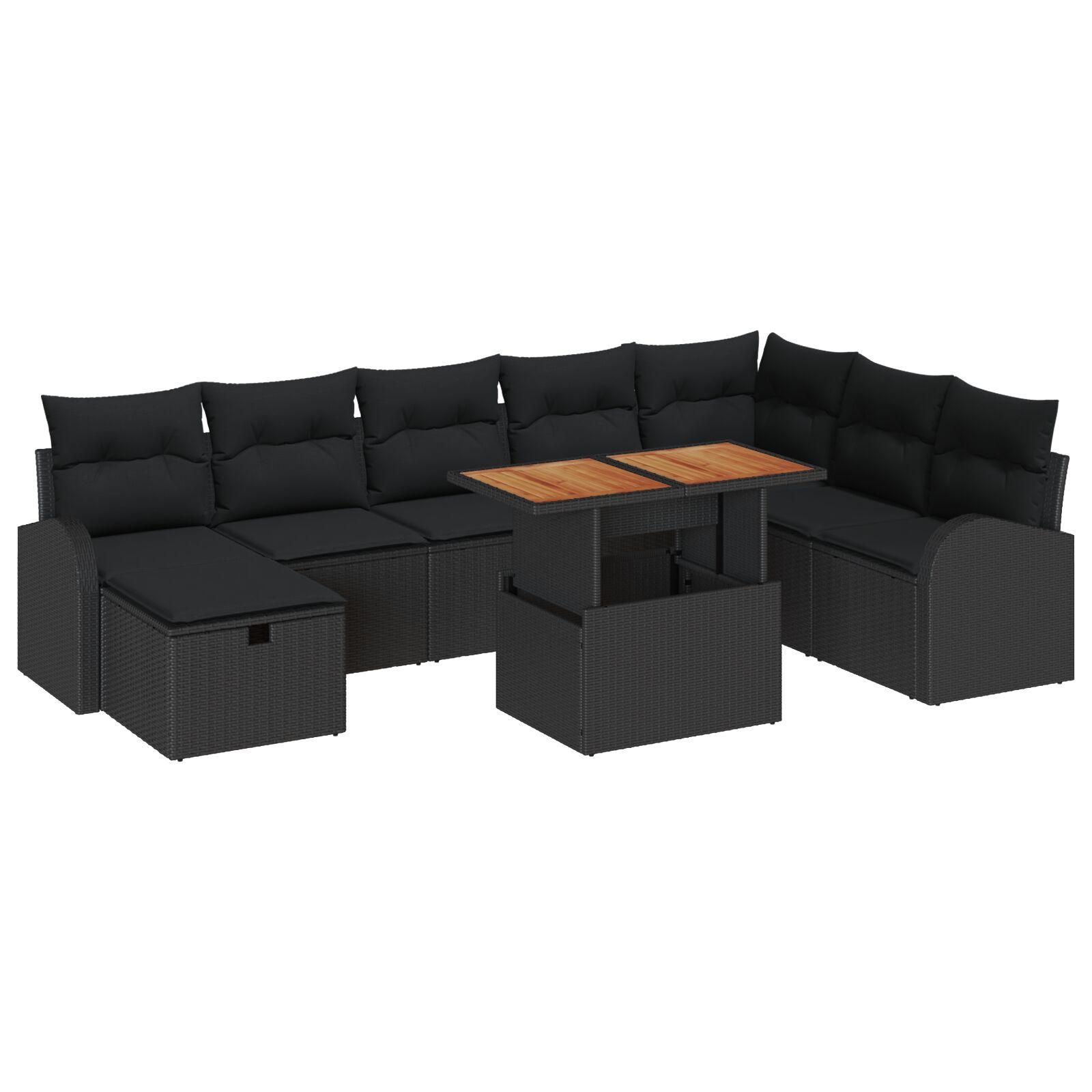Havesofa sæt 9 dele i sort polyrattan - modulær loungesofa med bord Havesofa sæt 9 dele i sort polyrattan - modulær loungesofa med bord
