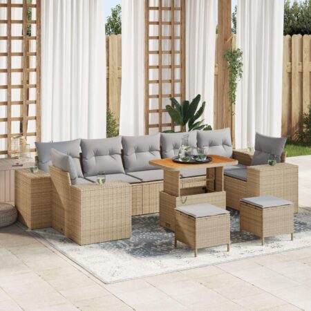 Havesofa-sæt i beige polyrattan - 10 dele med puder og højdejusterbart bord