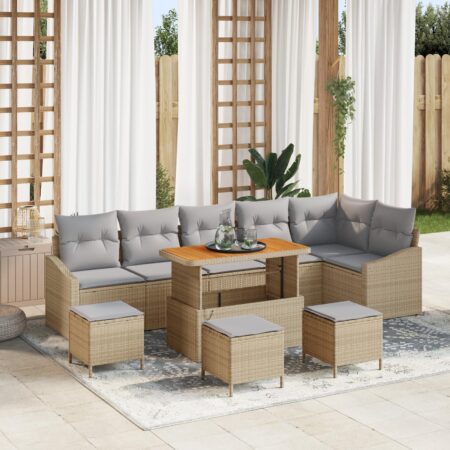 Havesofa sæt i beige polyrattan - 10 dele med puder og højdejusterbart bord