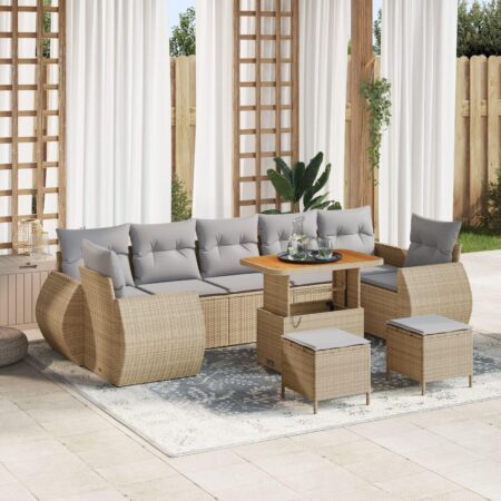 Havesofa sæt i beige polyrattan - 10 dele, modulært med justerbart bord