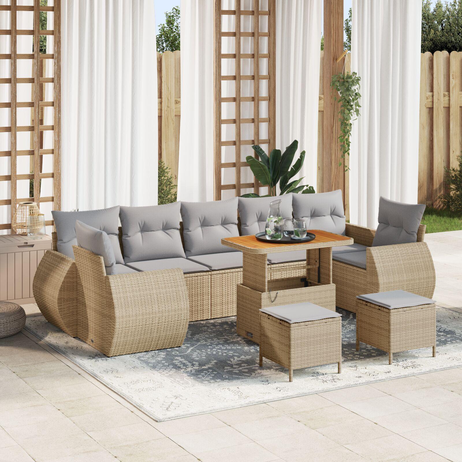 Havesofa sæt i beige polyrattan - 10 dele, modulært med justerbart bord Havesofa sæt i beige polyrattan - 10 dele, modulært med justerbart bord