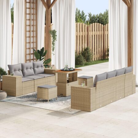 Havesofa sæt i beige polyrattan - 10 dele, modulopbygget med højdejusterbart bord