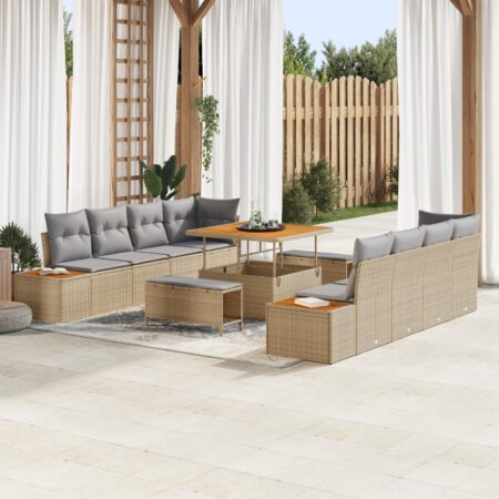 Havesofa sæt i beige polyrattan - 11 dele med bord og hynder