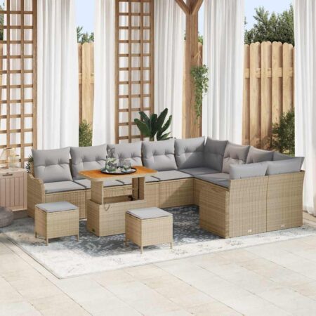 Havesofa sæt i beige polyrattan - 12 dele med højdejusterbart bord