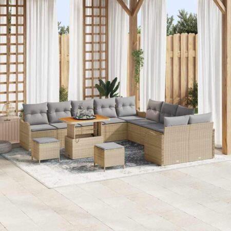 Havesofa sæt i beige polyrattan - 13 dele, med bord og skamler