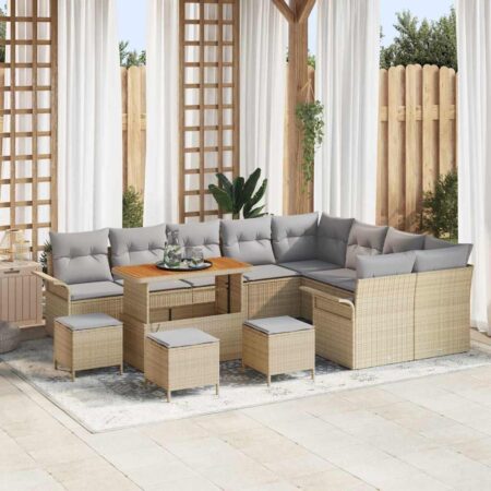 Havesofa-sæt i beige polyrattan - 13 dele med puder og højdejusterbart bord
