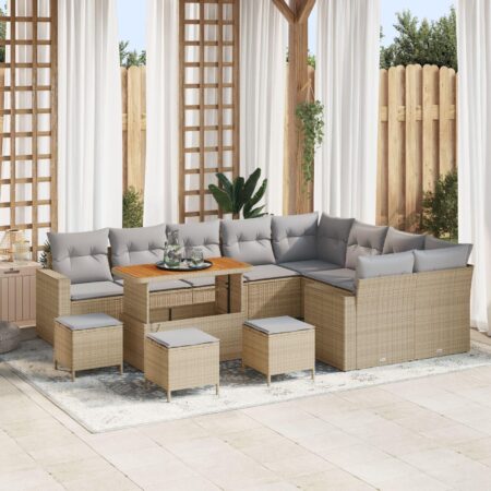 Havesofa sæt i beige polyrattan - 13 dele, modulær lounge med bord og skamler