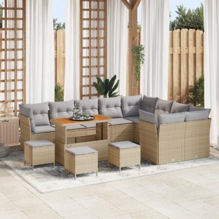 Havesofa sæt i beige polyrattan - 13 dele modulsofa med bord og skamler