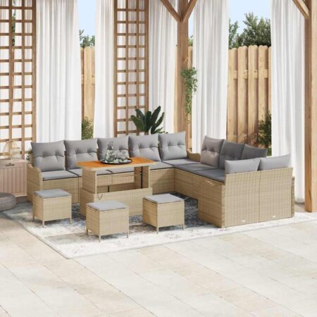 Havesofa sæt i beige polyrattan - 14 dele med bord og hynder