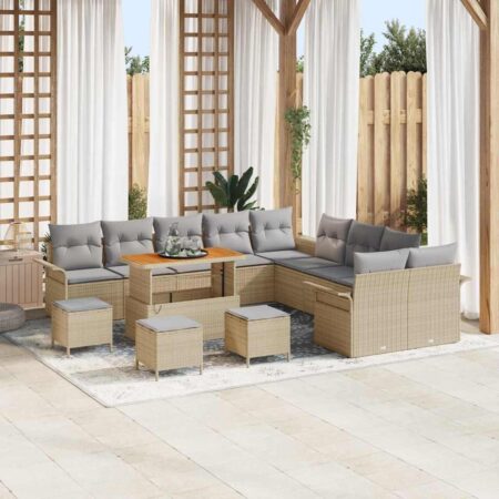 Havesofa sæt i beige polyrattan - 14 dele med højdejusterbart bord