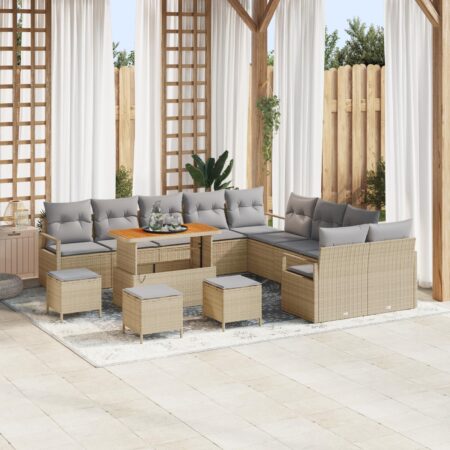 Havesofa sæt i beige polyrattan - 14 dele med justerbart bord