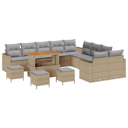 Havesofa sæt i beige polyrattan - 14 dele, modulopbygget med justerbart bord