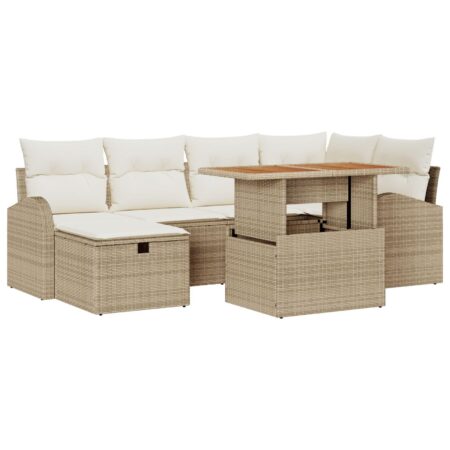 Havesofa sæt i beige polyrattan - 7 dele med bord