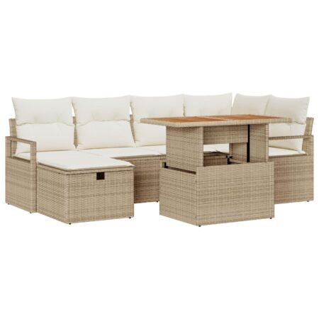 Havesofa sæt i beige polyrattan - 7 dele med bord og fodskammel