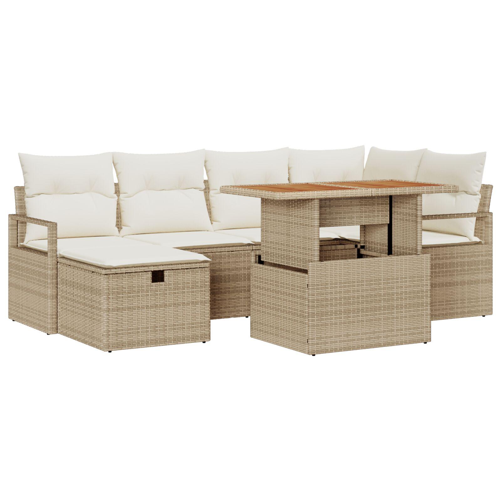 Havesofa sæt i beige polyrattan - 7 dele med bord og fodskammel Havesofa sæt i beige polyrattan - 7 dele med bord og fodskammel