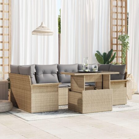 Havesofa-sæt i beige polyrattan - 7 dele med puder og højdejusterbart bord