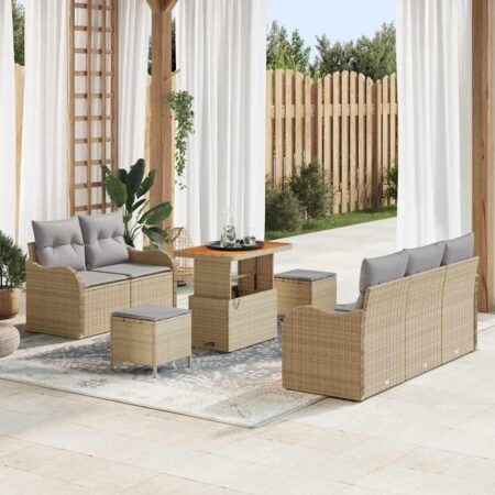 Havesofa sæt i beige polyrattan - 8 dele med højdejusterbart bord