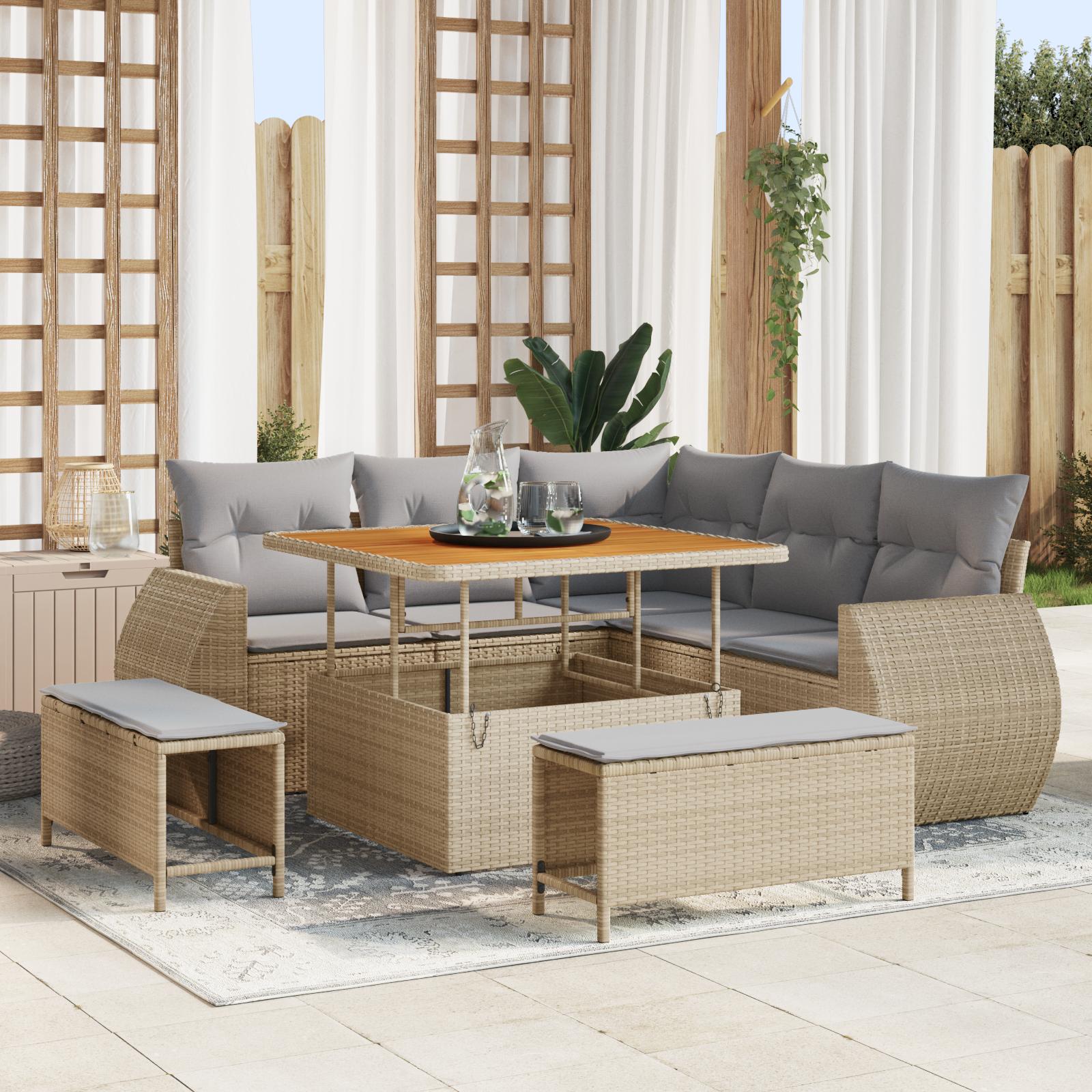 Havesofa sæt i beige polyrattan - 8 dele, modulært loungehjørne med justerbart bord Havesofa sæt i beige polyrattan - 8 dele, modulært loungehjørne med justerbart bord
