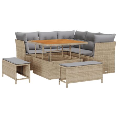 Havesofa sæt i beige polyrattan - 8 dele, modulært med justerbart bord