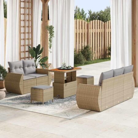 Havesofa sæt i beige polyrattan - 8 dele, modulopbygget med justerbart bord