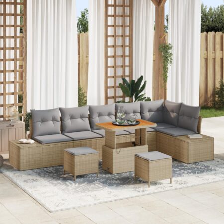 Havesofa sæt i beige polyrattan - 9 dele med højdejusterbart bord