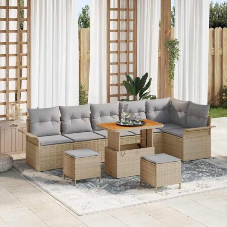 Havesofa sæt i beige polyrattan - 9 dele med højdejusterbart bord