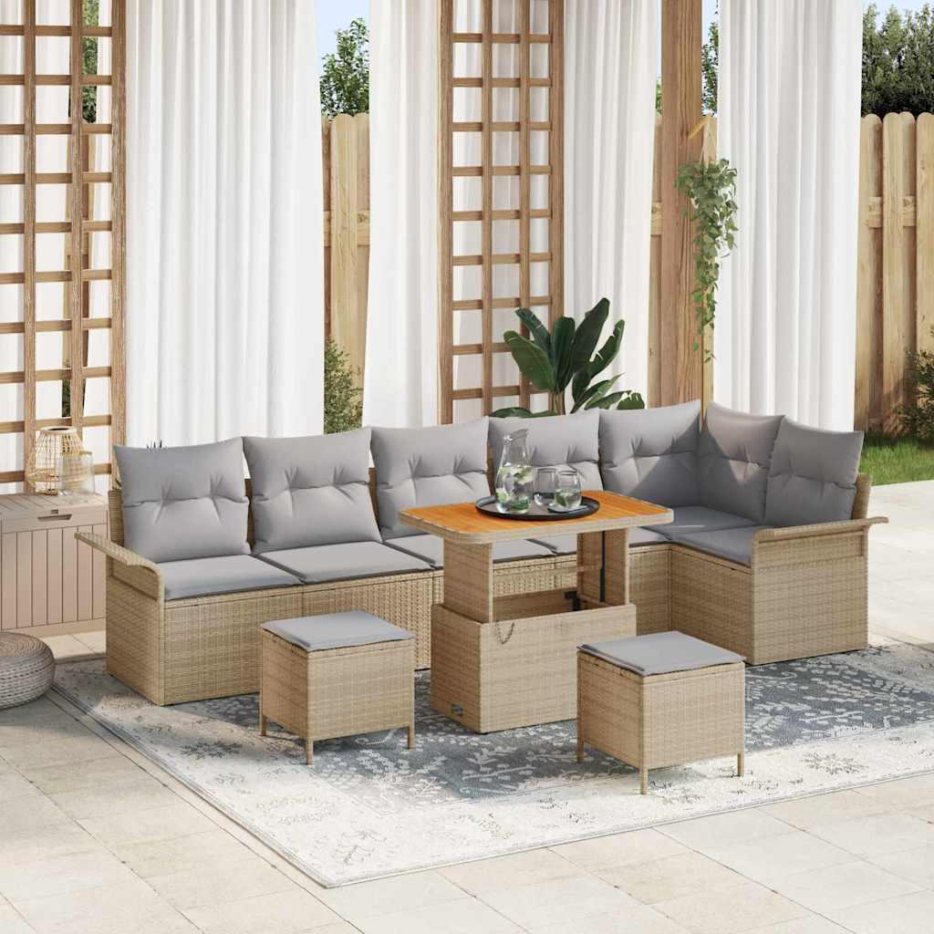 Havesofa sæt i beige polyrattan - 9 dele med højdejusterbart bord Havesofa sæt i beige polyrattan - 9 dele med højdejusterbart bord