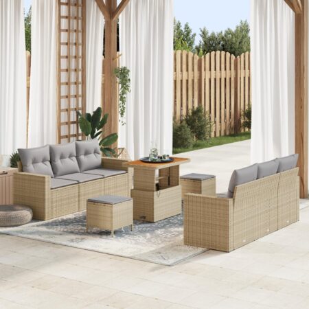 Havesofa sæt i beige polyrattan - 9 dele med justerbart bord