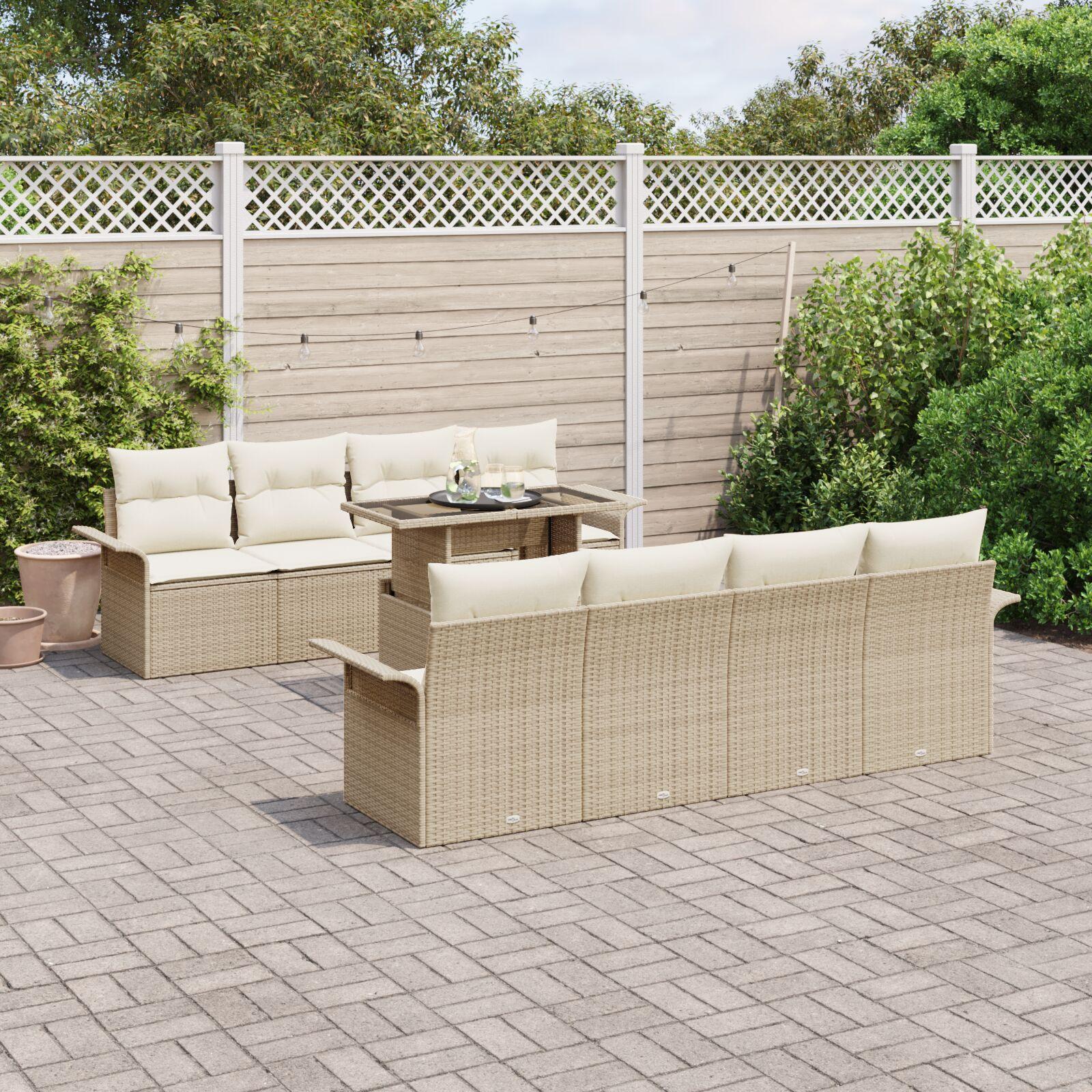 Havesofa sæt i beige polyrattan - 9 dele med puder og højdejusterbart bord Havesofa sæt i beige polyrattan - 9 dele med puder og højdejusterbart bord