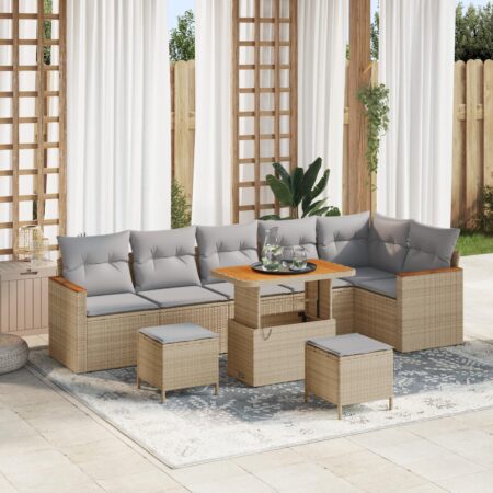 Havesofa sæt i beige polyrattan med opbevaring og højdejusterbart bord